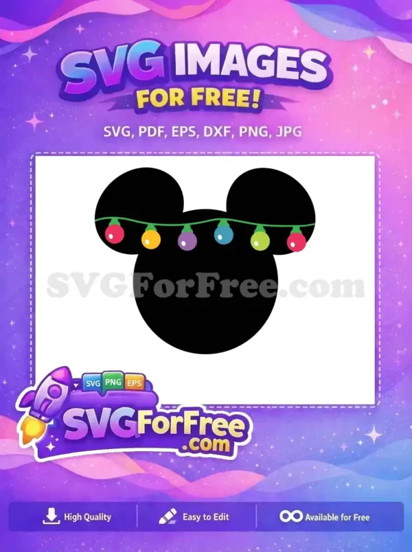 A fun and vibrant free design of colorful holiday lights with a Mickey ears silhouette, perfect for Christmas.