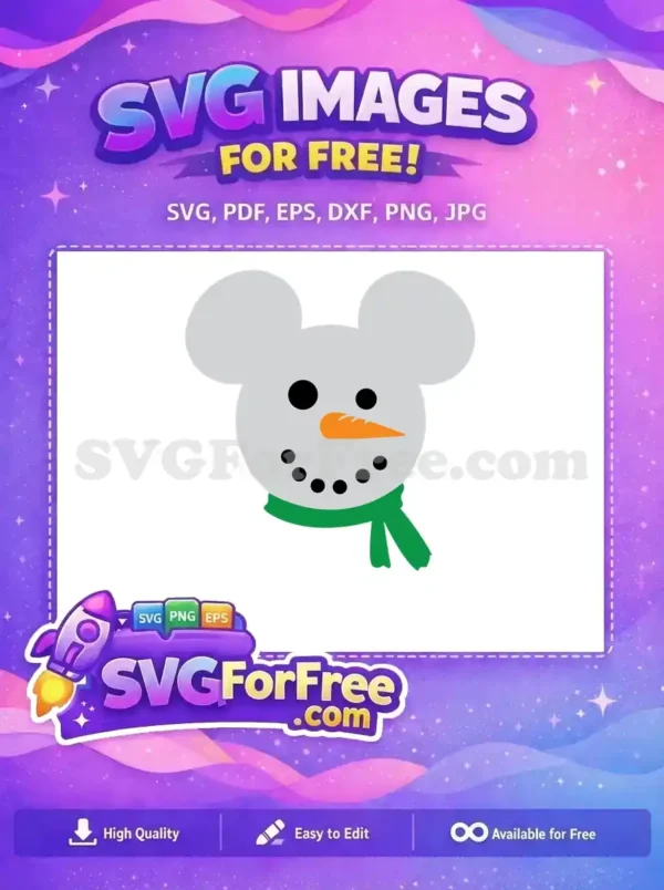 A cute free SVG design featuring a smiling Mickey snowman with a carrot nose and green scarf, ideal for Christmas projects.