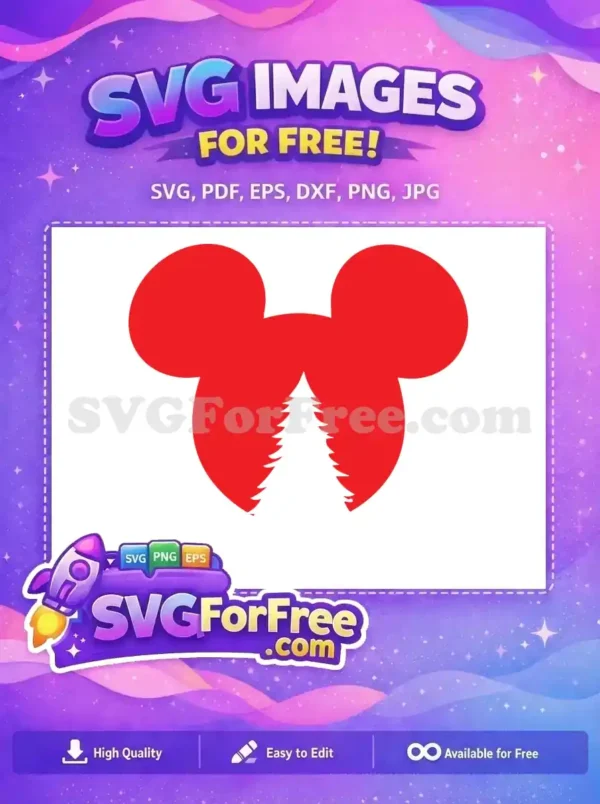 Free design featuring a red Mickey ears silhouette with a Christmas tree inside, ideal for holiday-themed designs.