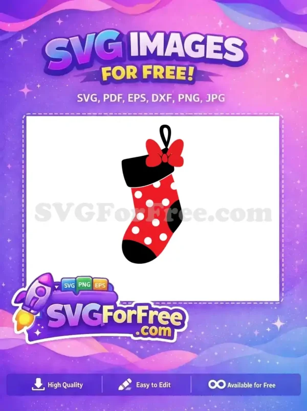 A Minnie Mouse-inspired red stocking with white polka dots and a red bow, perfect for Disney and Christmas designs.