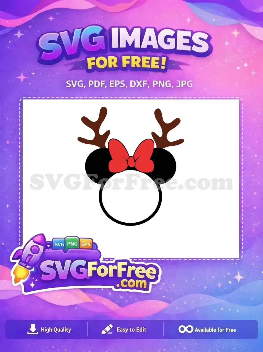 A free SVG featuring Minnie Mouse's head with brown antlers and a red bow, ideal for Christmas designs.