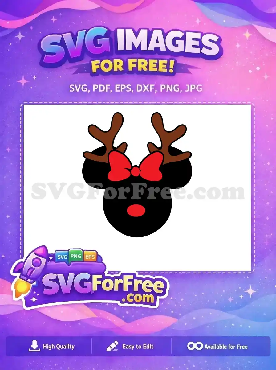 A reindeer with antlers and a red bow, ideal for Christmas designs. A free festive SVG design.