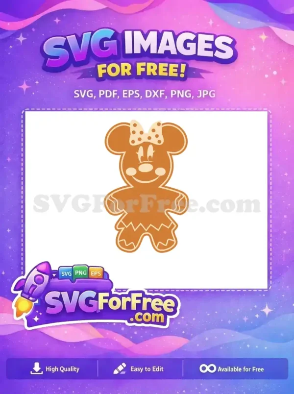 Free Gingerbread Minnie SVG with Polka-Dot Bow A cute, smiling gingerbread Minnie Mouse with polka-dot bow, perfect for holiday-themed designs and projects.