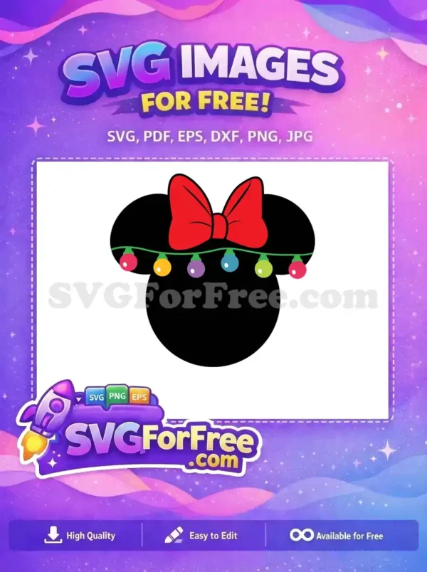 A colorful free SVG design featuring a red Minnie bow and vibrant holiday lights, perfect for Christmas.