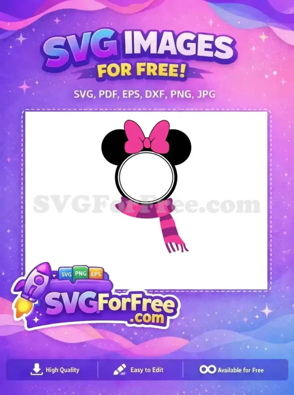 Free Minnie Ears with Pink Bow and Striped Scarf SVG Design A free SVG featuring Minnie Mouse ears, a pink bow, and a striped scarf, ideal for Christmas-themed designs.