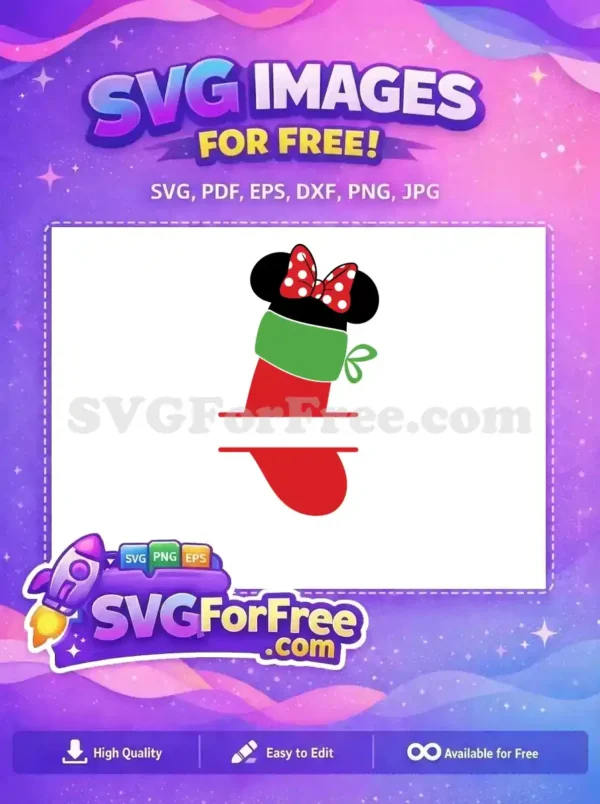 Free Minnie Mouse Bow Christmas Stocking SVG Design A red and green Christmas stocking with a polka-dot Minnie Mouse bow, designed as a free holiday SVG.