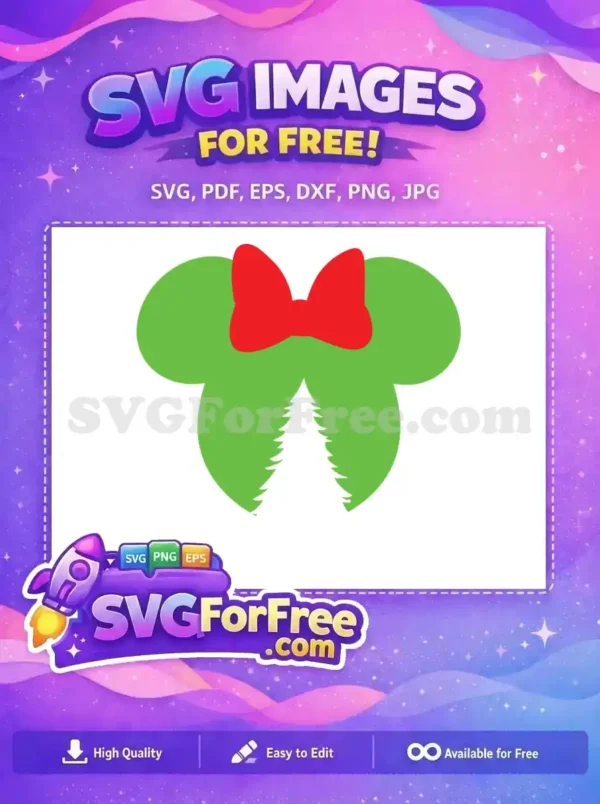 A free SVG of a green Minnie Mouse shape with a red bow and Christmas tree design.