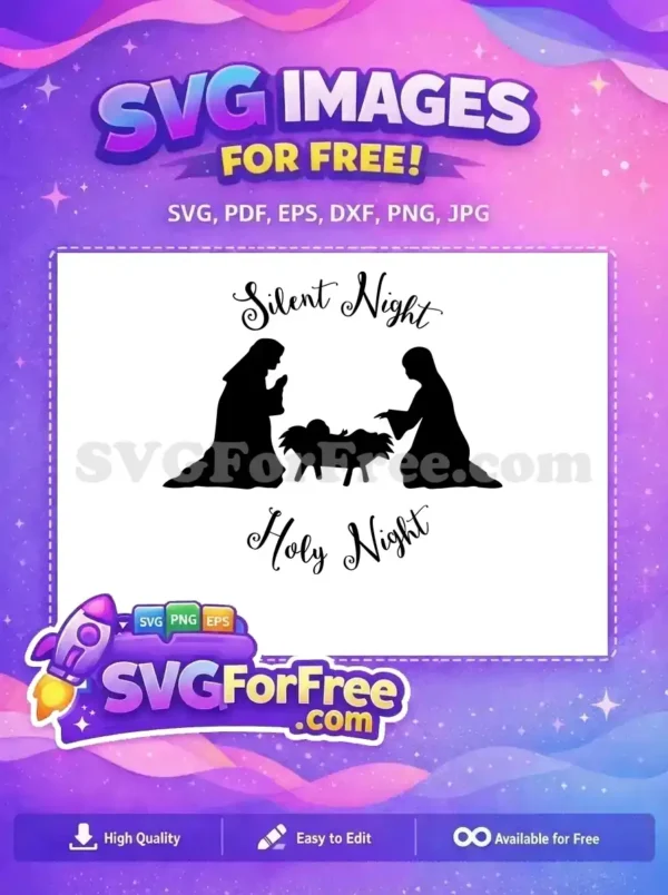 A free SVG design showcasing a nativity silhouette of the Holy Night, featuring the manger and holy family.