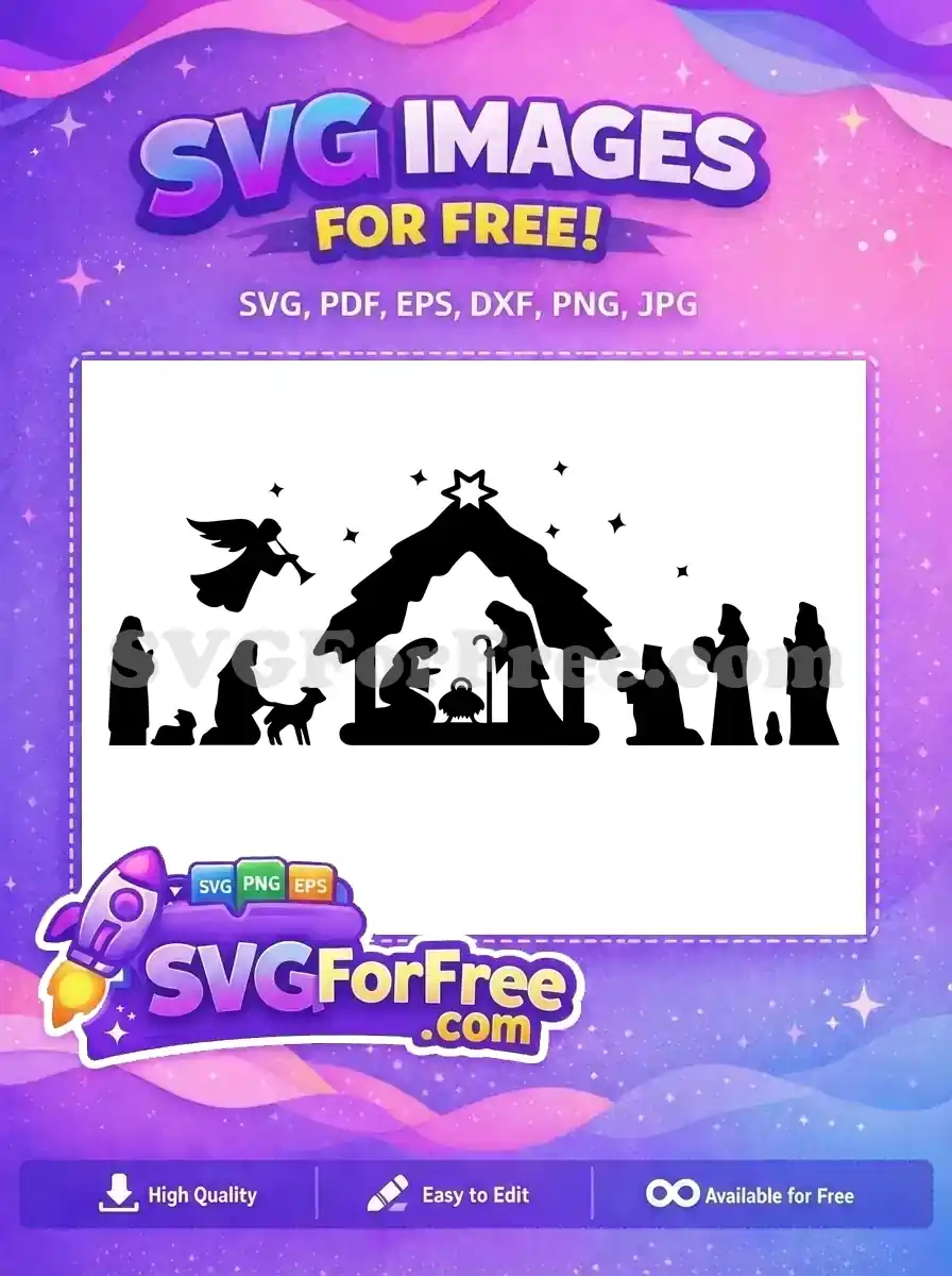 A free black nativity scene SVG featuring the Holy Family, suitable for Christmas-themed projects or decorations.