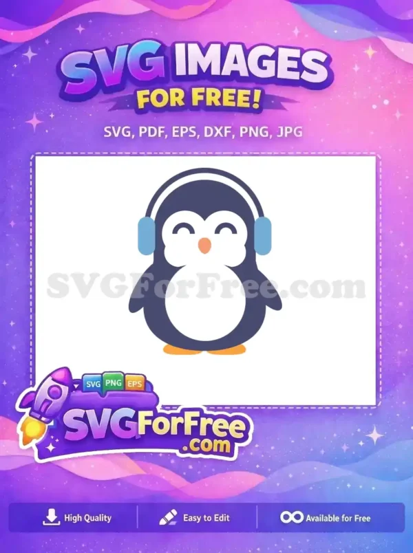 A cute free penguin wearing blue headphones, ideal for Christmas-themed designs in SVG format.