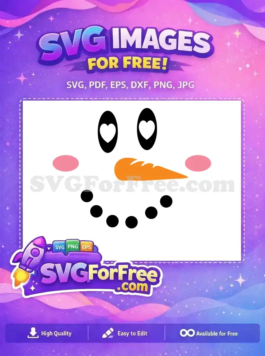 A cute snowman face with pink cheeks and a carrot nose, ideal for Christmas designs in SVG format.