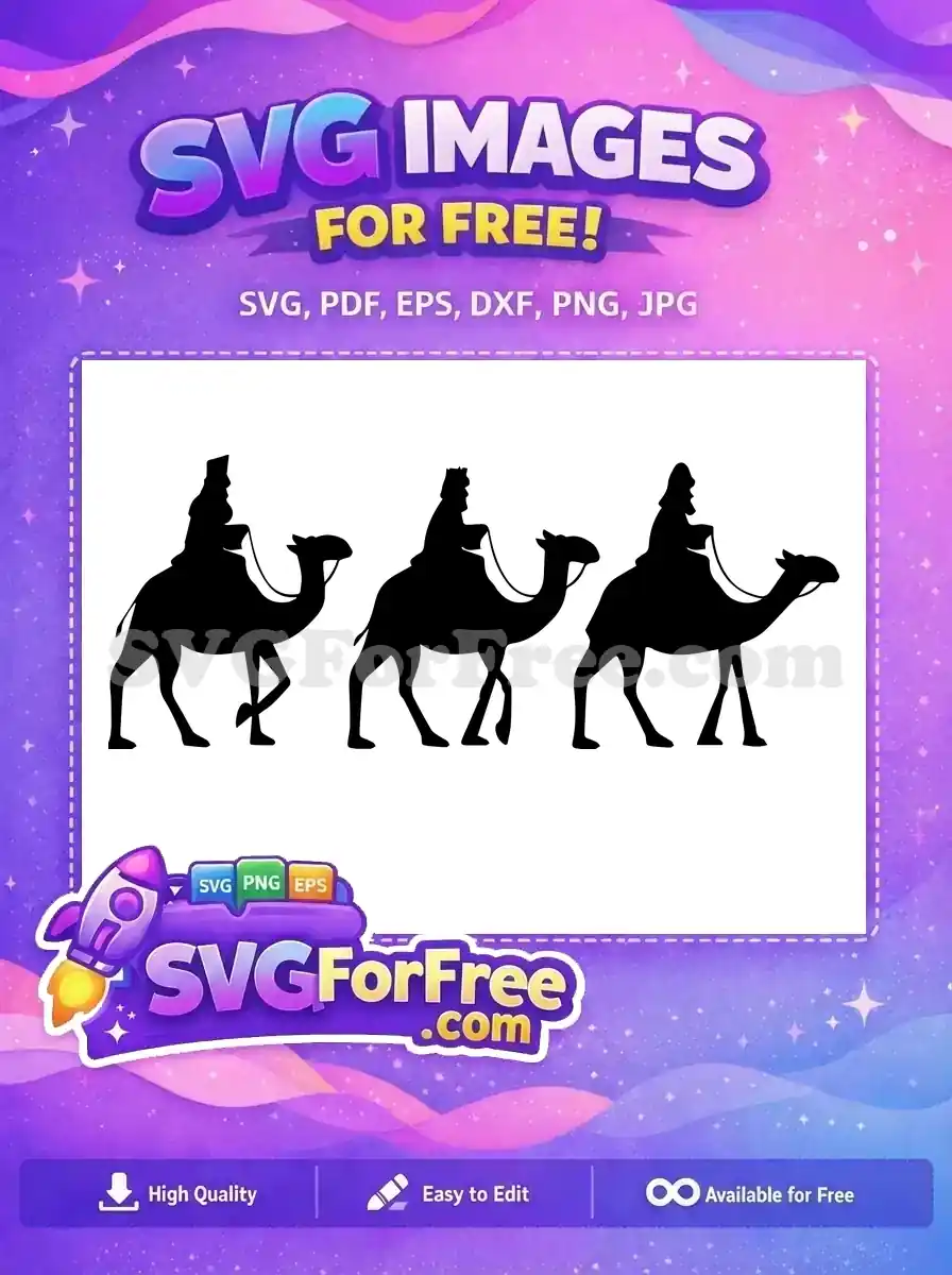 Free SVG design with silhouettes of the Three Wise Men and camels, perfect for Christmas projects.