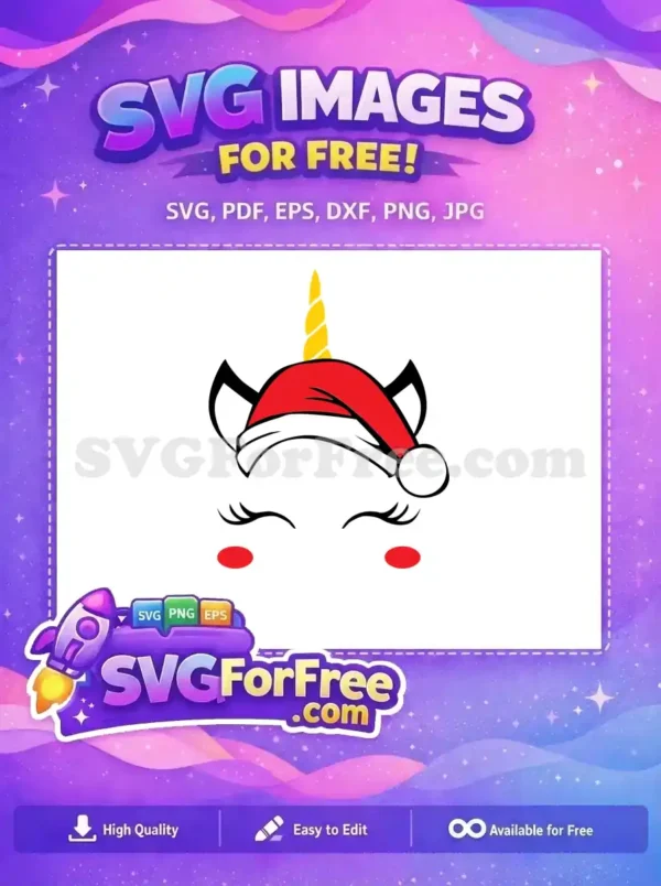 A cute unicorn with a yellow horn and red Santa hat, perfect for holiday-themed design projects, offered as free SVG.