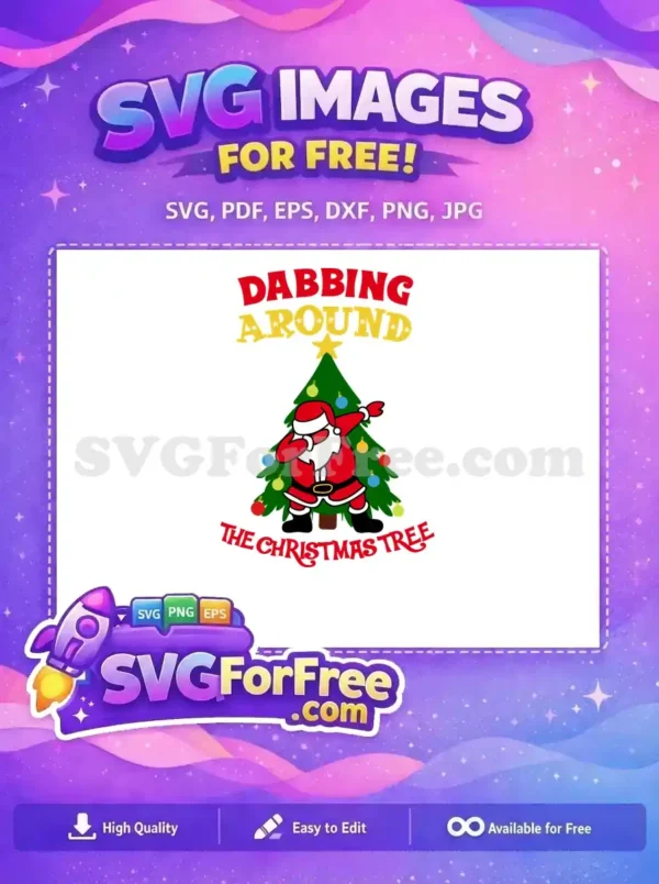 A free SVG design of Santa dabbing beside a decorated Christmas tree with colorful ornaments.