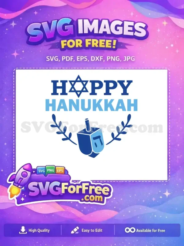 Free Happy Hanukkah SVG design with a blue Star of David, dreidel, and olive branch for a festive touch.