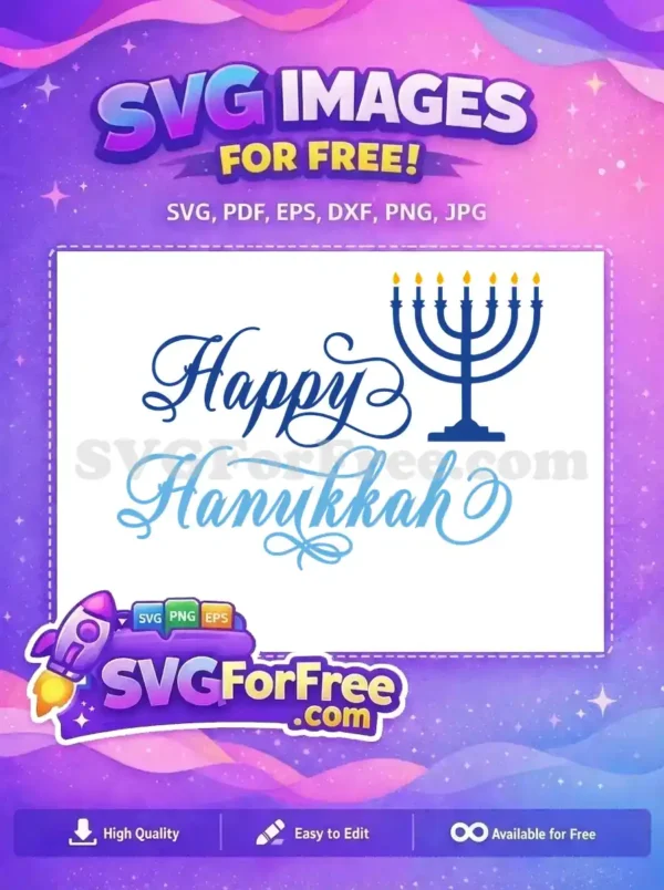Free Hanukkah Menorah Design with Blue Script Text A free Hanukkah design featuring a Menorah with yellow flames and blue script text wishing 'Happy Hanukkah'.