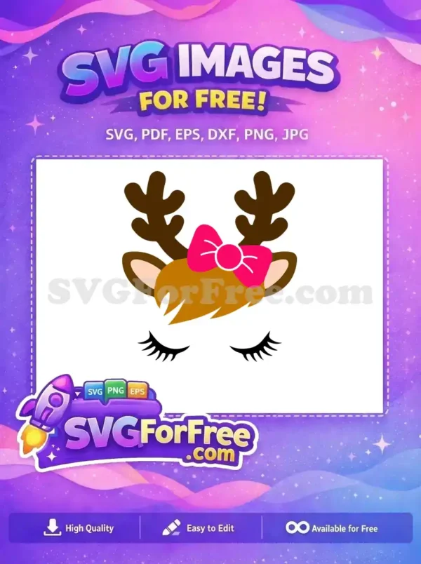 Free cute reindeer girl design with a pink bow and eyelashes, perfect for Christmas or holiday crafts.