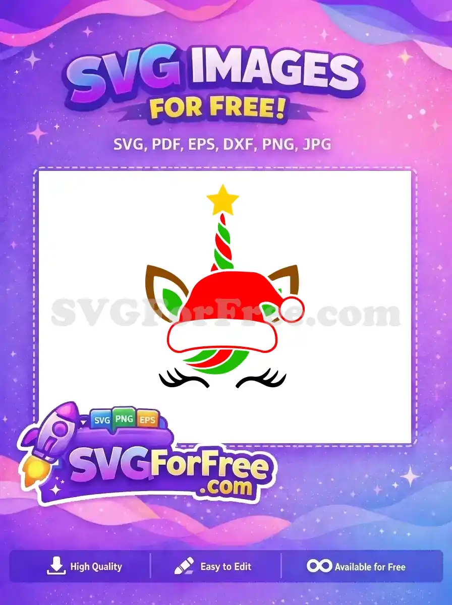 A vibrant free design of a Christmas unicorn with a red hat, striped horn, and golden star on top.