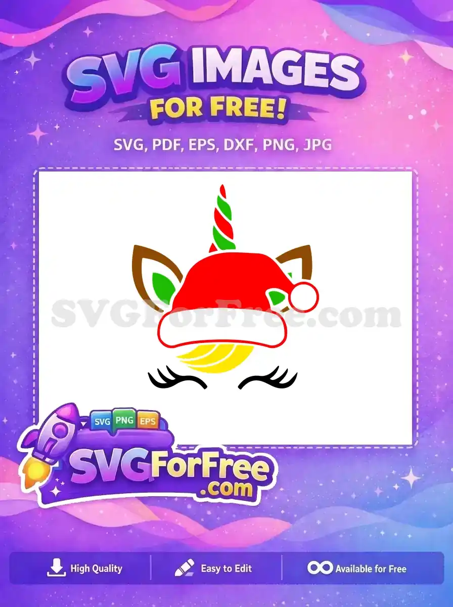 A whimsical design of a unicorn with a Santa hat, red and green horn, and Christmas cheer. Free SVG design.