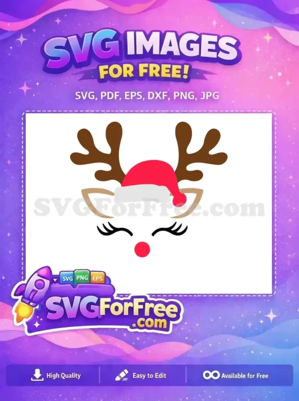 A free SVG of a reindeer wearing a Santa hat with a red nose and antlers, designed for Christmas.