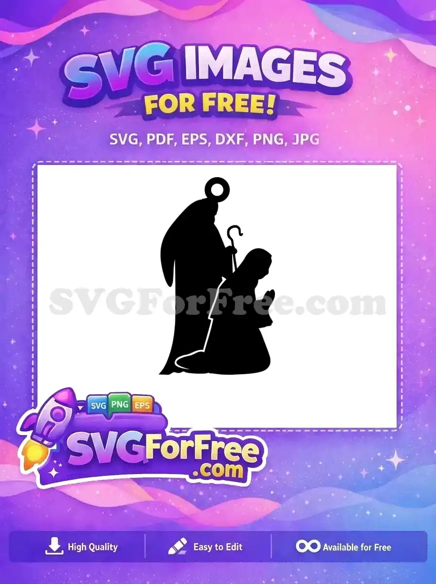 A free SVG design showing Joseph standing with a staff and Mary kneeling in prayer, part of the nativity scene.