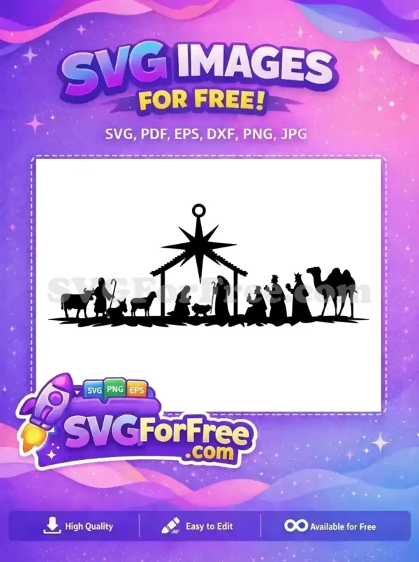 A free SVG design of the nativity scene with the Three Wise Men, shepherds, animals, and the holy family.