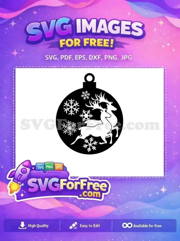 Free Elegant Reindeer Christmas Ornament SVG Design Free elegant reindeer and snowflakes ornament design, perfect for Christmas-themed crafts and decorations.