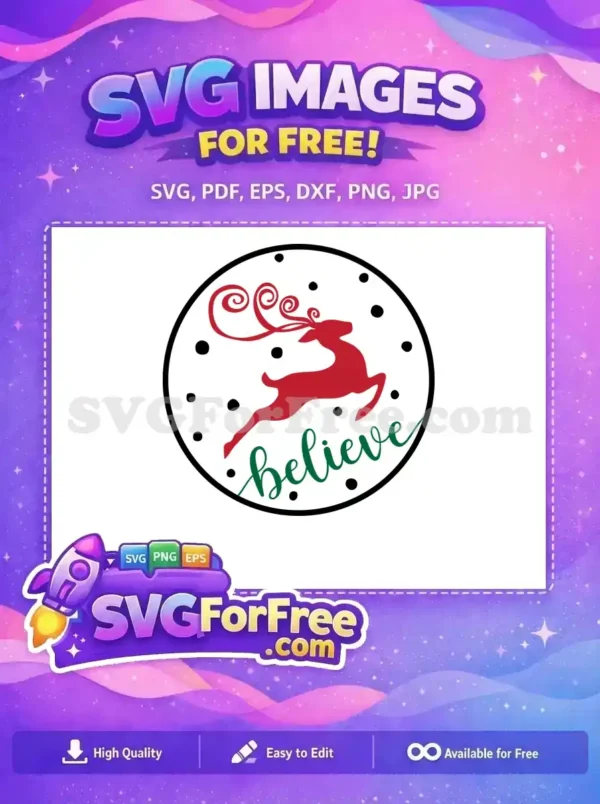Free Red Reindeer with Green ‘Believe’ – Christmas SVG A red reindeer leaping with curly antlers, accompanied by the word 'Believe' in green, perfect for Christmas designs.