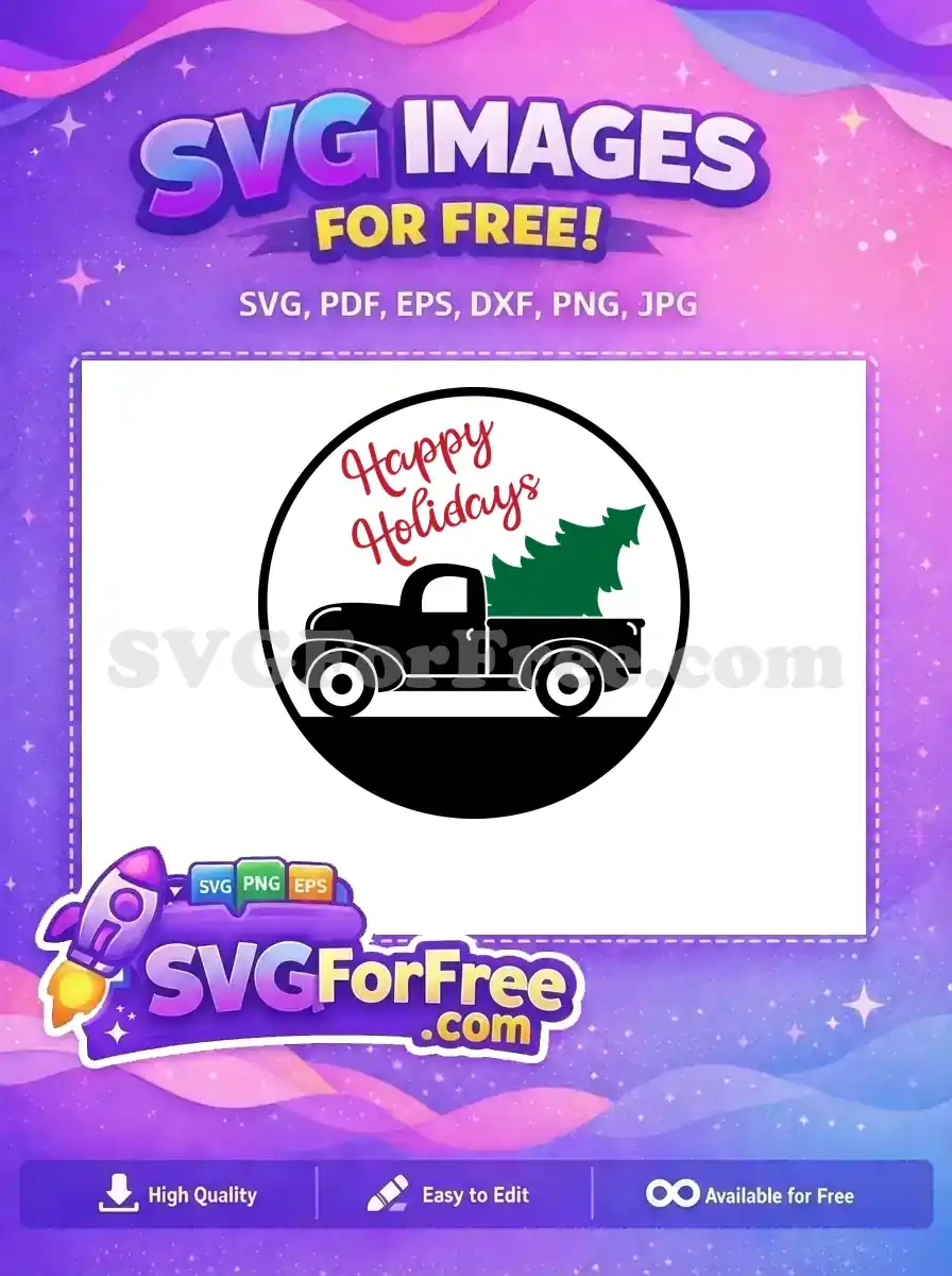 A vintage black truck with a Christmas tree on the back, decorated with 'Happy Holidays' text, perfect for seasonal projects.