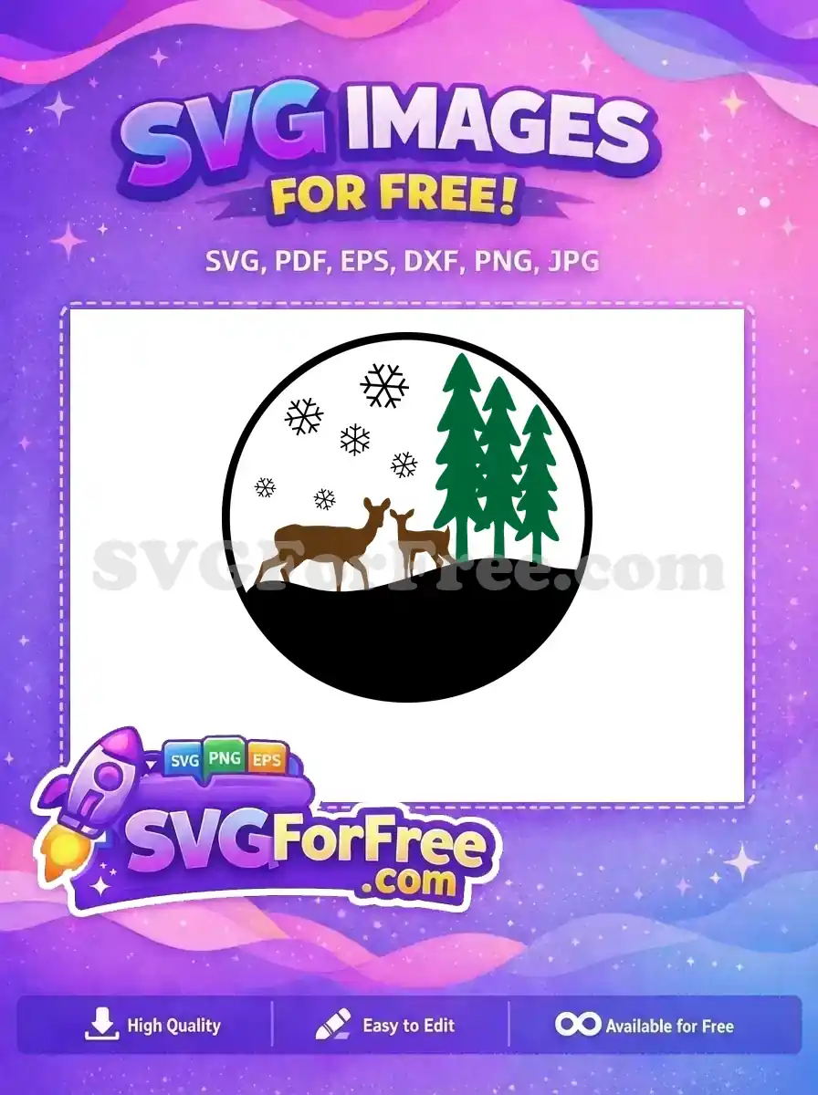 Free brown deer and fawn in front of green trees, ideal for winter and Christmas-themed designs.