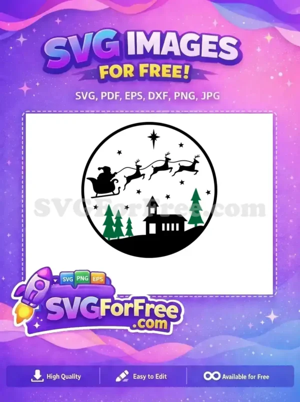 A free SVG design showing a Christmas landscape with Santa's sleigh, reindeer, and pine trees, perfect for holiday designs.