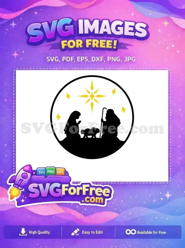 A free Christmas Nativity SVG design featuring Mary, Joseph, and the Star, ideal for holiday projects.