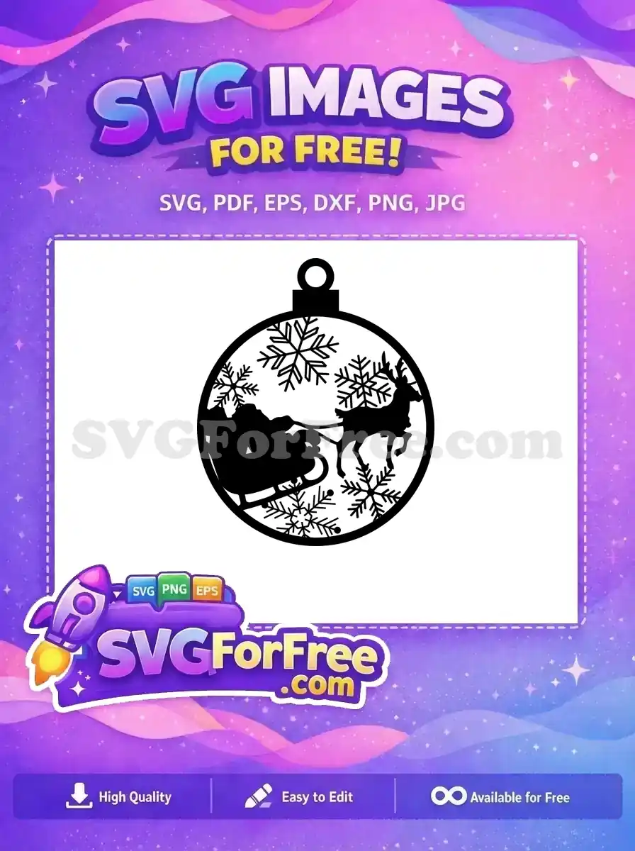 Free silhouette design of a Christmas ornament with Santa’s sleigh, reindeer, and snowflakes.