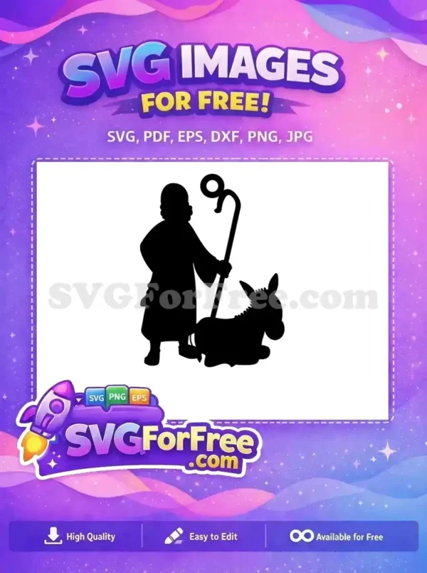 A silhouette of a shepherd holding a staff with a donkey by his side, perfect for Christmas nativity designs.