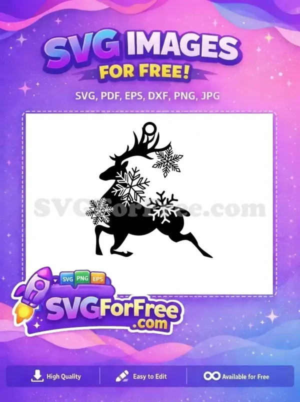 Free SVG design of a black reindeer leaping with white snowflakes, ideal for Christmas ornaments.