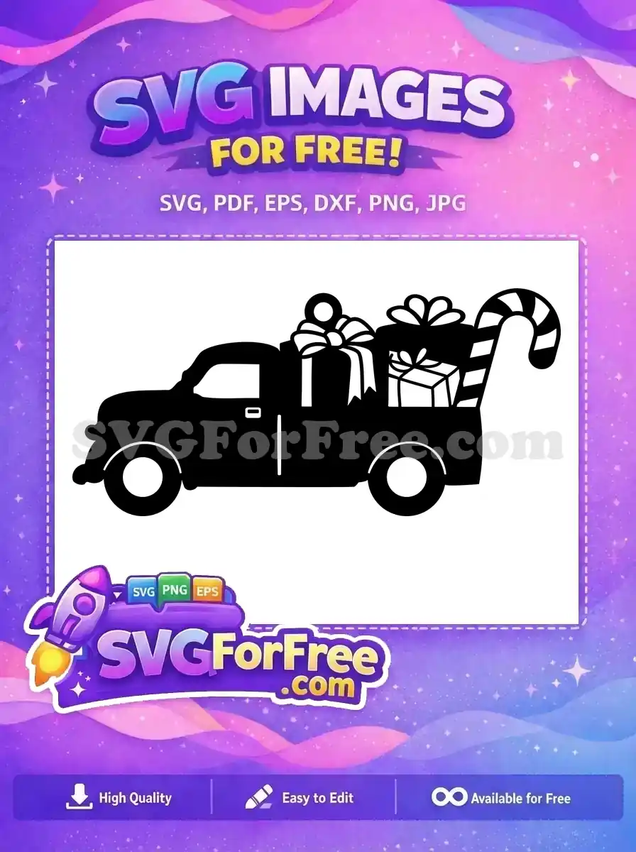 A vintage truck filled with Christmas gifts and a candy cane, designed as a free SVG for holiday projects.