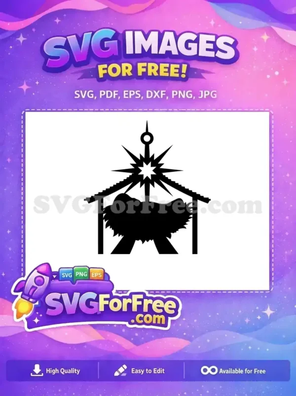 Free silhouette of a manger scene with Baby Jesus and a bright star, ideal for Christmas designs.
