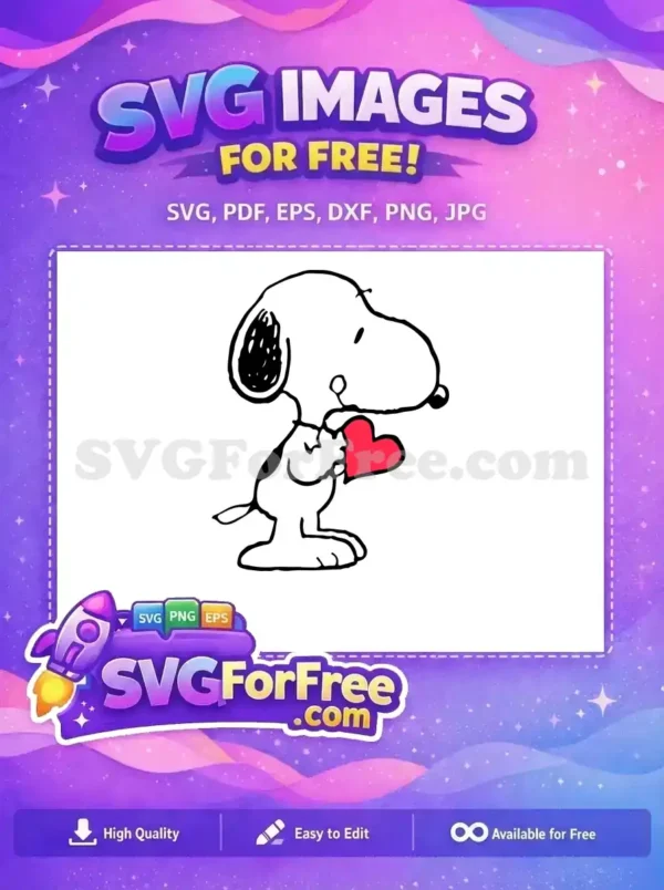 Snoopy holding a red heart, a charming, free SVG design ideal for Christmas and holiday-themed designs.