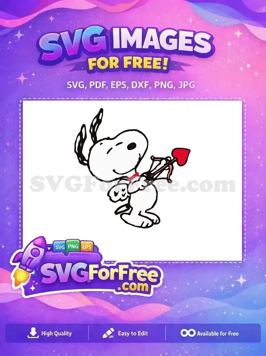 Free design of Snoopy dressed as Cupid, holding a red heart arrow, ideal for Peanuts and Valentine-themed artwork.