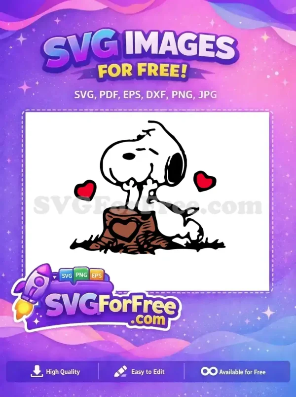 A cheerful Snoopy design resting with a heart-shaped decoration and floating red hearts, perfect for Christmas themes.