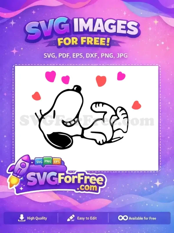 A free SVG of Snoopy laying on its side with floating pink and red hearts, perfect for Christmas and love-themed designs.