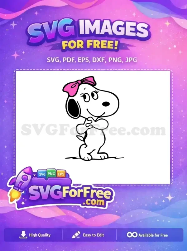 Free design featuring a happy cartoon dog with a pink bow, ideal for Peanuts-themed projects.