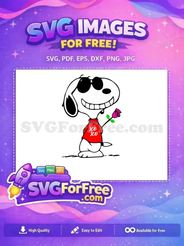 Free SVG design featuring a cute dog in sunglasses with a red sweater and a pink rose.