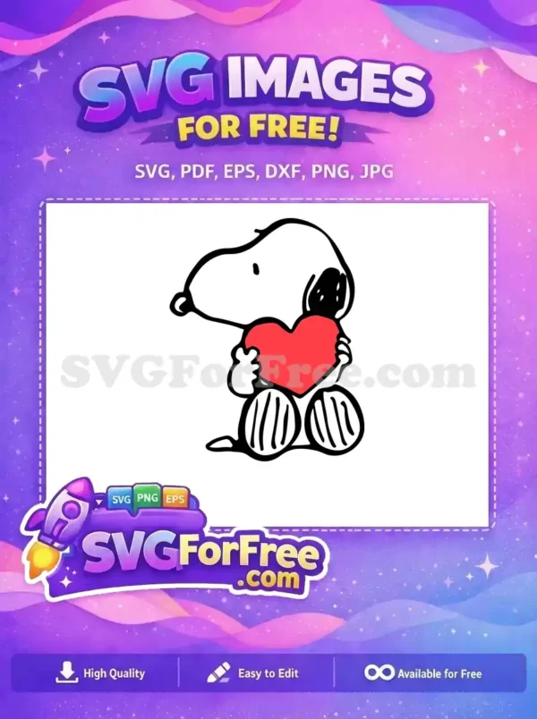 Free SVG of Snoopy holding a red heart, showcasing a cute and happy expression for Christmas or love-themed designs.