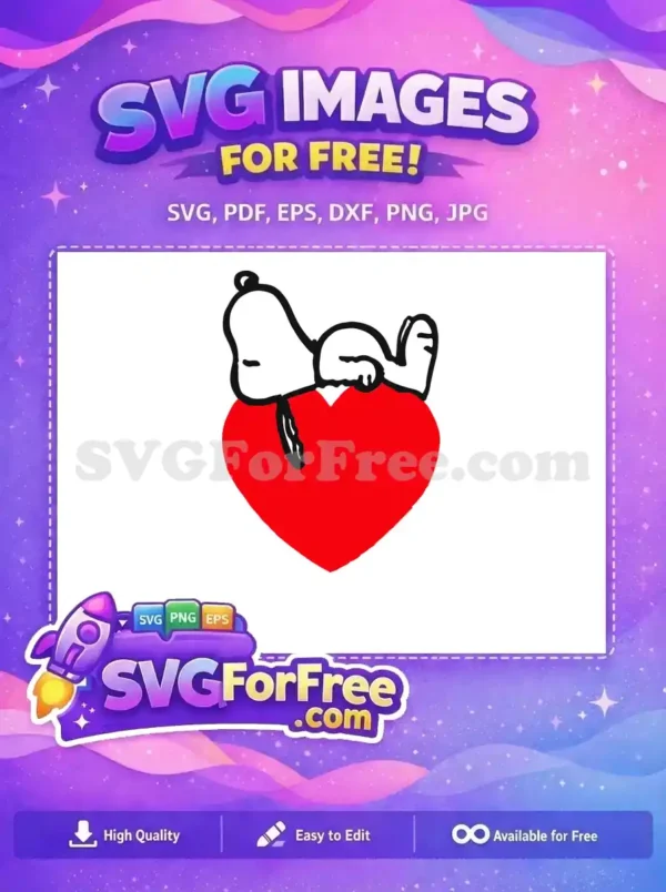 A free SVG of Snoopy resting on a red heart, perfect for holiday-themed projects and Peanuts fans.
