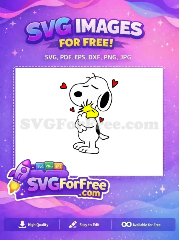 A heartwarming free design of Snoopy hugging Woodstock, surrounded by red hearts, ideal for Christmas themes.
