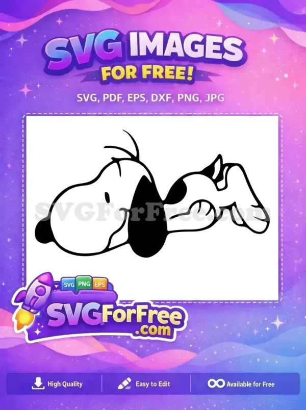A free black and white design of Snoopy lying down, relaxed and happy, ideal for Christmas-themed designs.