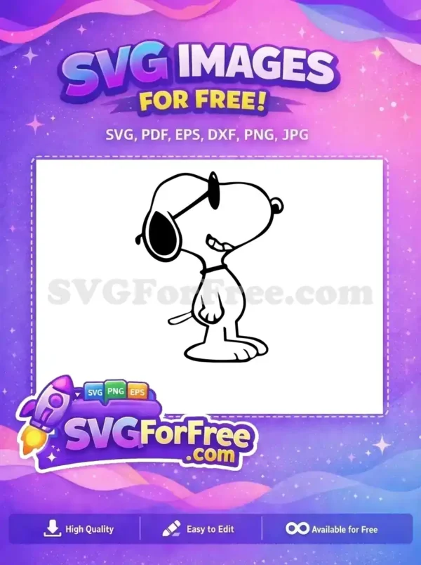 A free SVG design of Snoopy wearing sunglasses, showcasing a cheerful Peanuts character perfect for Christmas celebrations.