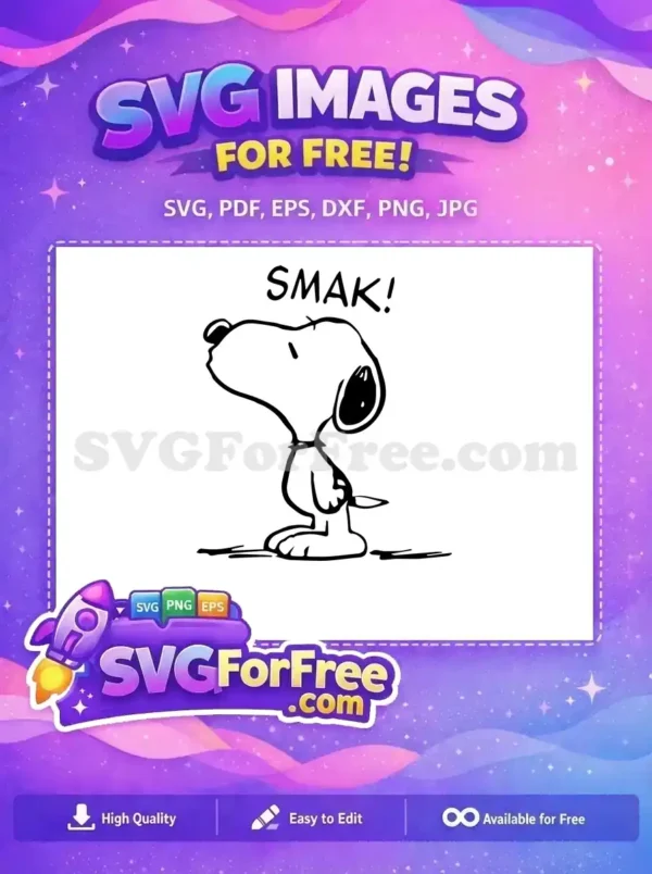 A free design of Snoopy from Peanuts with the sound effect 'Smak!' in a playful cartoon style, perfect for Christmas.