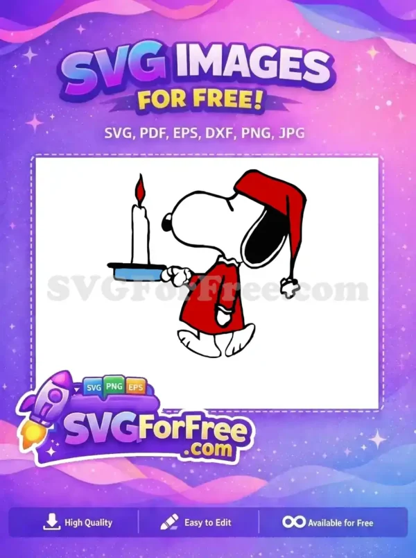 Snoopy in a red sleeping outfit holding a glowing candle in a festive Christmas design. Free for use in projects.
